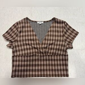 Stitch & Pine Womens Plaid Crop Top Large Academia Preppy Short Sleeve Blouse